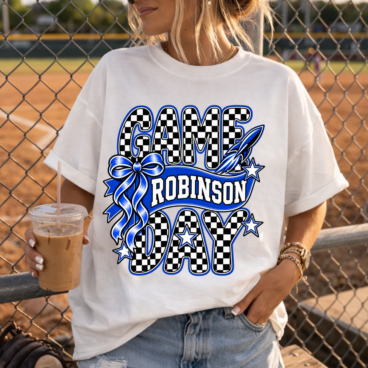 Robinson Rockets Checkered Game Day Bow Tee