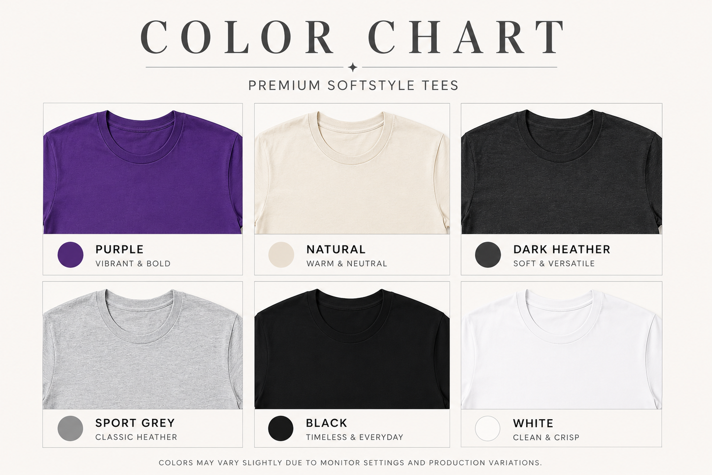 A color chart graphic for Premium Softstyle Tees showing six color options in a 2x3 grid: purple, natural cream, dark heather black, sport grey, black, and white. Each swatch includes a small circular color indicator and text labels.