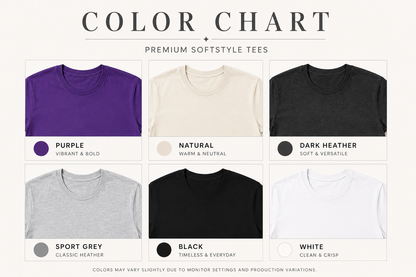 A color chart graphic for Premium Softstyle Tees showing six color options in a 2x3 grid: purple, natural cream, dark heather black, sport grey, black, and white. Each swatch includes a small circular color indicator and text labels.