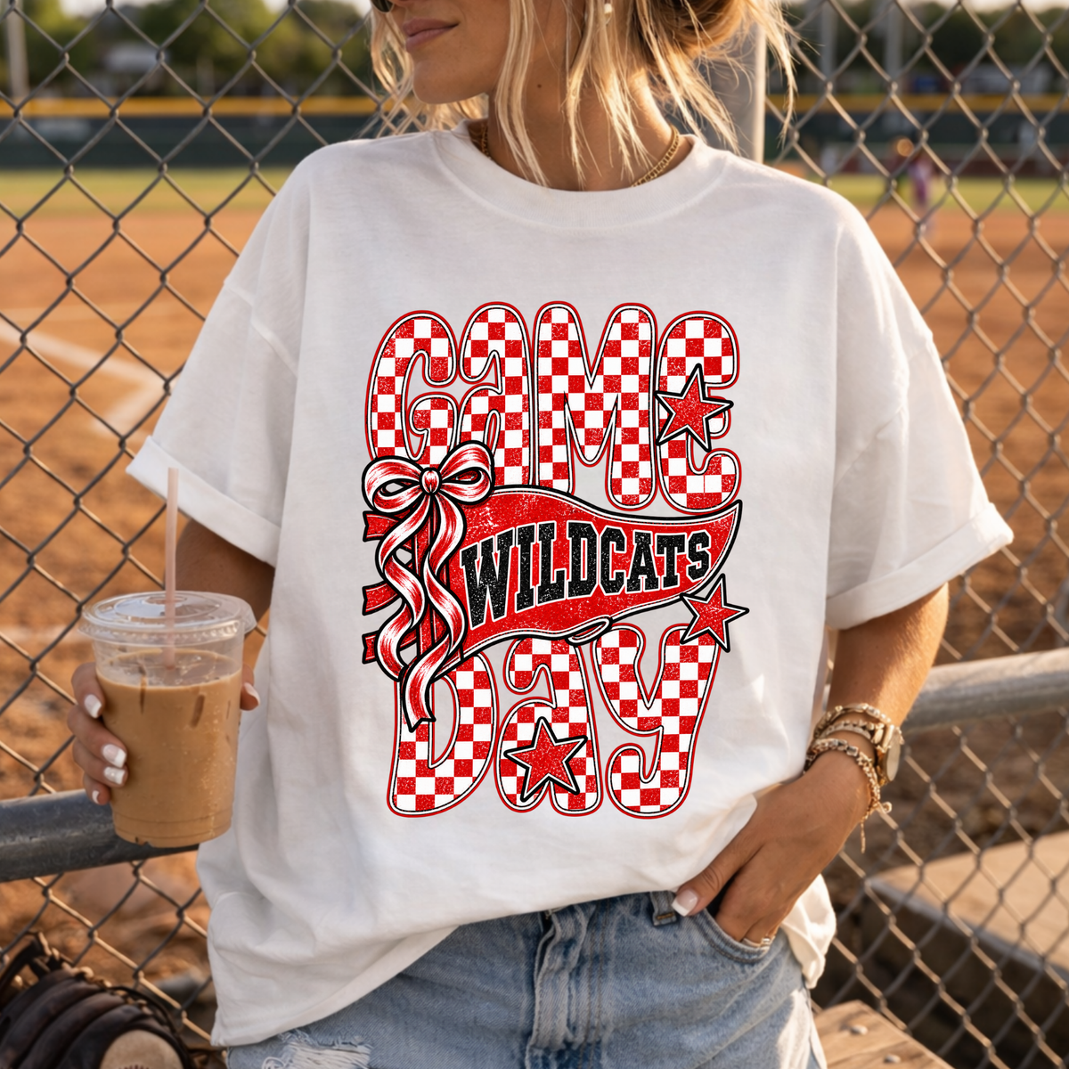 Gholson Wildcats Checkered Game Day Bow Tee